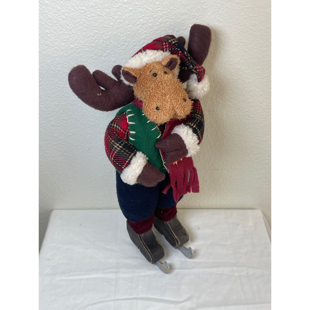Christmas Moose Figurine 15" Red Green‎ Plaid Ice Skating Decor Unbranded